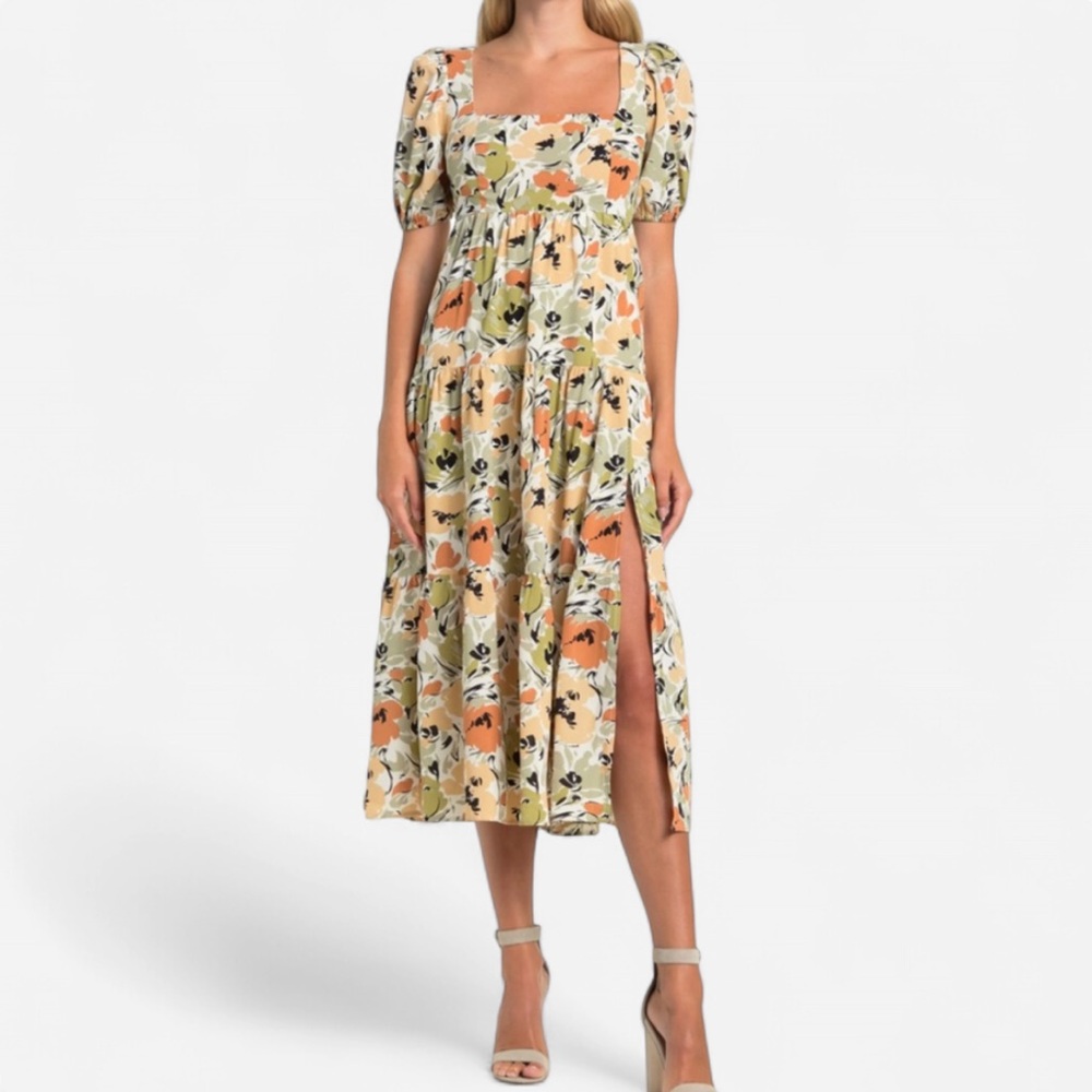 ASTR Square Neck Midi Dress In Rust Sage Floral Size S Wedding Guest